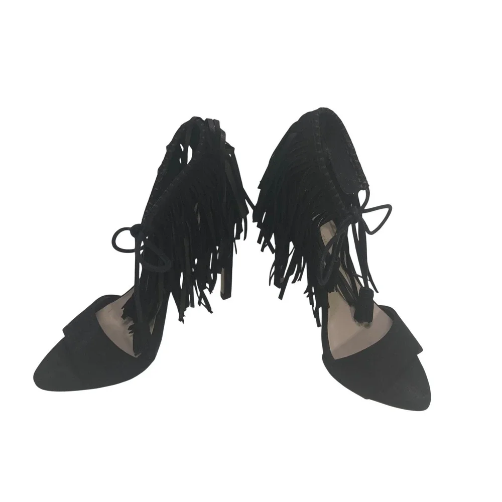 Zara Basic‎ Collection Black Suede Fringe Tassel Lace Up Stiletto Heels Size 38